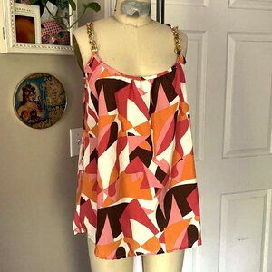 Iky & Me PINK Geometric Curb Chain gold Straps Loose Bodice Tank Camisole *SM*